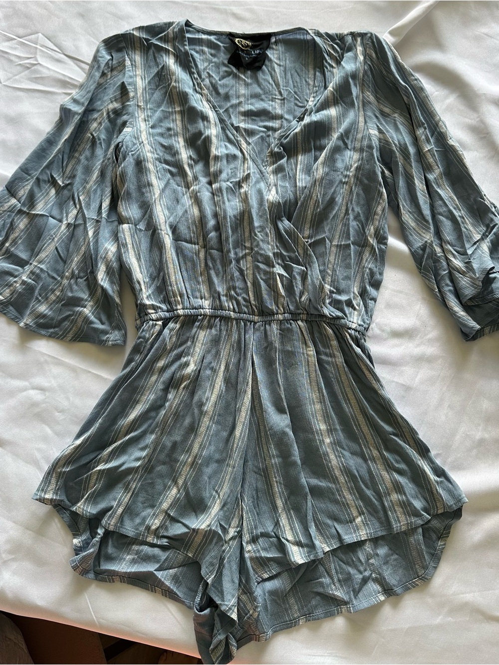 Blue Life Striped V-Neck Short Romper in Dusty Blue